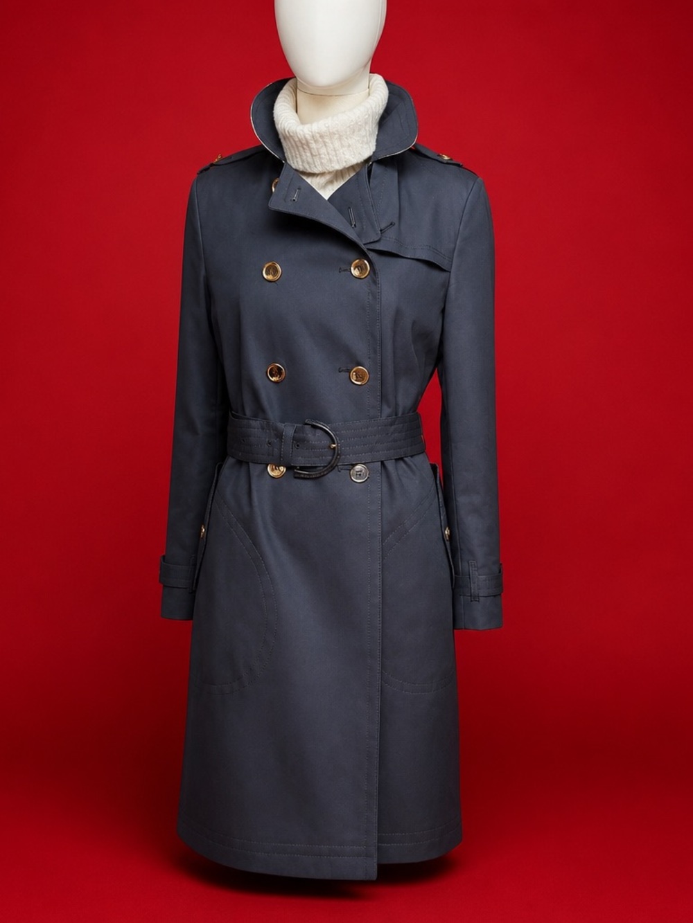 Coach Navy Double-Breasted Trench Coat with Belt and Gold-Tone Buttons